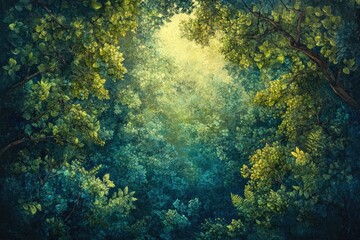 Wall Mural - a sunlit canopy of lush green leaves creates a magical, enchanting forest scene.
