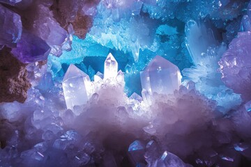 Poster - A mesmerizing cavern of large, vibrant purple and blue crystals, glowing with ethereal light.