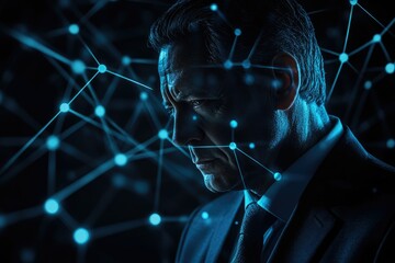 Aufkleber - A pensive businessman, illuminated by a network of connections, symbolizes the complexities of modern business and global interconnectedness.
