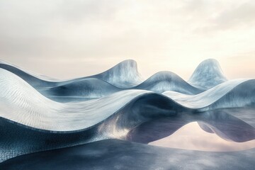 Fototapete - Abstract landscape of smooth, metallic, wave-like forms reflecting in still water under a pale sky.