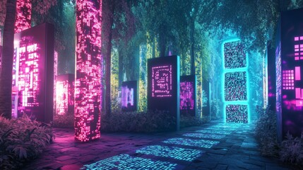 Wall Mural - A neon sign with a blue light is lit up in a forest. The sign is surrounded by trees and has a blue light on it
