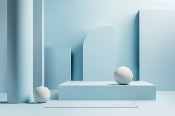 Wall Mural - a blue and white room with a white ball on a blue surface. the room is empty and has a minimalist fe