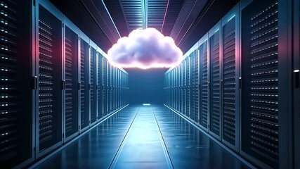 Wall Mural - a dramatic image of a cloud materializing in the center of a server room, casting a soft light over 