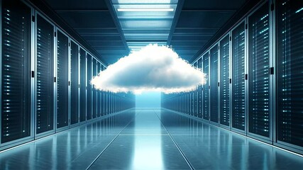 Wall Mural - a dramatic image of a cloud materializing in the center of a server room, casting a soft light over 