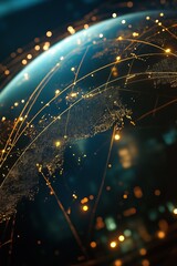 Wall Mural - dynamic abstract image of a glowing globe featuring digital connections and light trails, symbolizin