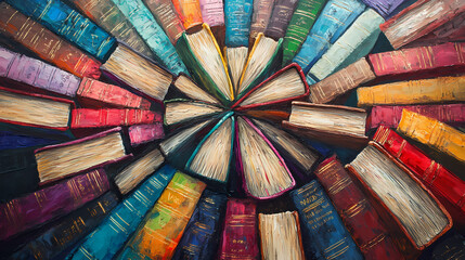Wall Mural - a colorful circle of closed books, arranged in a radiating pattern, suggesting the infinite possibil