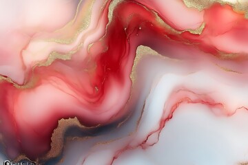 Wall Mural - Abstract ink artwork featuring red white and gold swirls of color