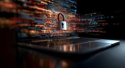 A laptop display depicting a digital lock symbol signifying cybersecurity