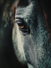 Poster - Close up of a horses eye depicting textures and colors of the animals coat and surroundings at dusk. Generative AI