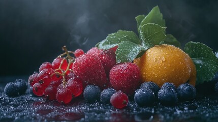 Aufkleber - Fresh assorted berries and fruits covered in droplets with a misty background in a home kitchen setting. Generative AI