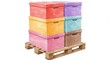© Nima - Colorful Storage Boxes on Pallet - Stack of pastel-colored storage boxes neatly arranged on a wooden pallet, ready for transport or storage