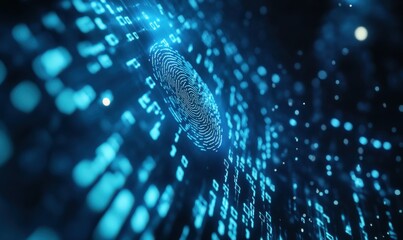 Technological Security: Abstract Fingerprint Close-up on Screen with Binary Code Background