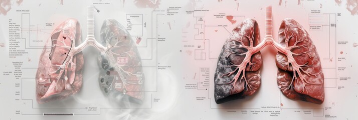 Poster - Comparison of healthy lungs and damaged lungs from smoking in a detailed medical illustration for educational purposes