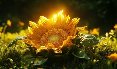 Fototapete - Bright yellow sunflower blooming in a field with lush green grass, golden sunlight illuminating its vibrant petals