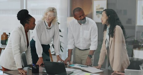 Poster - Business people, meeting and laptop with conversation for project and cooperation with sales increase. Employees, internet or discussion for skills, ad campaign or documents with computer or research