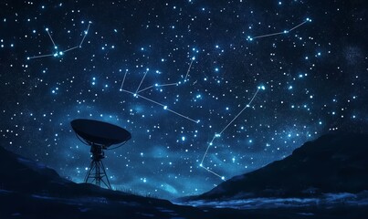 Satellite Dish Against a Starry Sky with Network Connections