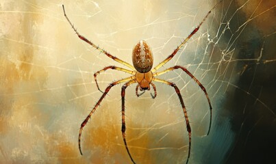 Delicate spider hanging from a web, its intricate details softly illuminated against a blurred natural background for a captivating wildlife macro