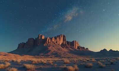 Wall Mural - Dreamlike desert landscape with towering red rock formations under a clear twilight sky filled with stars and a faint Milky Way, surreal beauty.