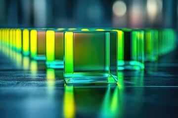 Wall Mural - a row of glowing green glass cubes on a dark reflective surface, creating a futuristic and abstract 