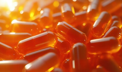 Wall Mural - dynamic close-up of orange capsules scattered across a glossy surface, illuminated by a warm golden 