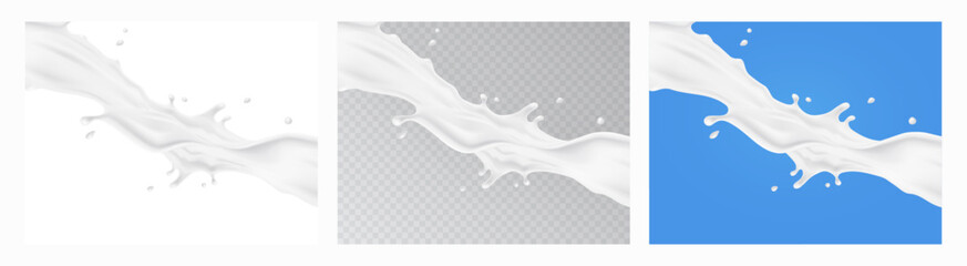 Wall Mural - milk splash pattern set. 3d realistic yogurt wave borders on white, blue and transparent backgrounds
