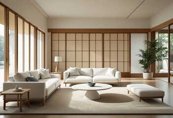 Wall Mural - A modern living room with white furniture and wood accents featuring a large window, two white couches, and a coffee table.