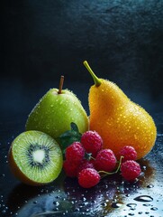 Aufkleber - Fresh fruits arranged on a dark surface with water droplets highlighting their texture and color. Generative AI