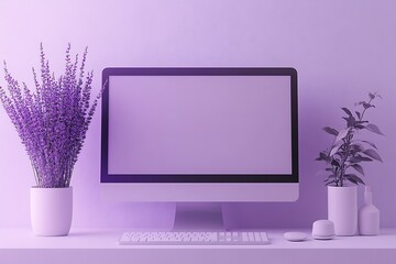 Wall Mural - a high-resolution monitor placed on a soft lavender background, offering a clean space for product b