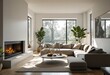 © KarpenArt Studio - A modern living room with white walls and wood floors features a sectional sofa, coffee table, fireplace, and large windows overlooking trees outside.
