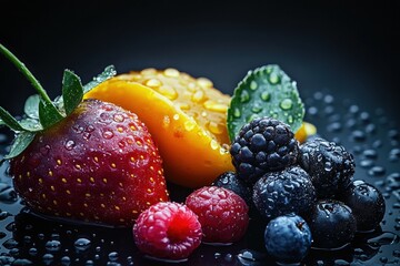 Aufkleber - Freshly washed fruits glistening with water droplets on a dark background with a clear space for text. Generative AI