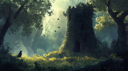 Wall Mural - In the heart of the forest, an ancient spirit recounts the saga of nature, tales untold on national tell a story day. Forgotten - Tower. Illustration