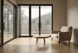 © KarpenArt Studio - A minimalist living room with beige furniture and natural light pouring in through floor-to-ceiling windows.