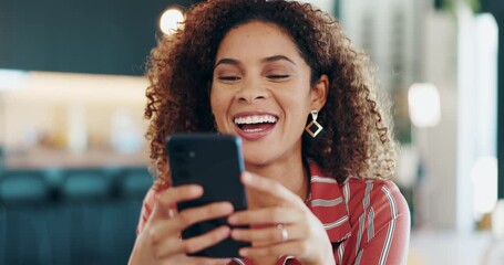 Poster - Phone, smile and woman in kitchen in home reading online celebrity gossip blog with comedy. Laughing, cellphone and female person browsing on social media for funny, joke or comic post in house.