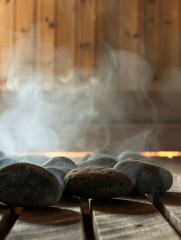 Poster - Warm steam rises from hot stones creating a cozy atmosphere in a tranquil sauna setting for ultimate relaxation and comfort