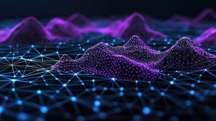 Abstract Digital Data Visualization Of Connected Networks With Purple Glowing Mountains