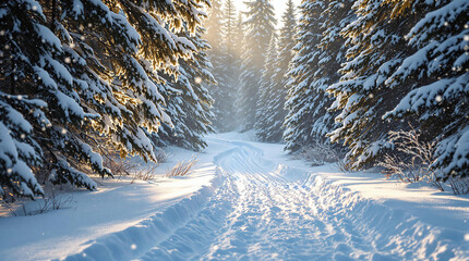 Poster - A tranquil winter scene featuring a snow-covered path surrounded by tall, frosted trees.
