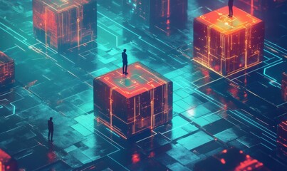 Digital networking concept with abstract human icons in connected cubes
