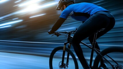 Wall Mural - Cyclist in Motion on a Darkened Urban Road with Blurred light in the Background