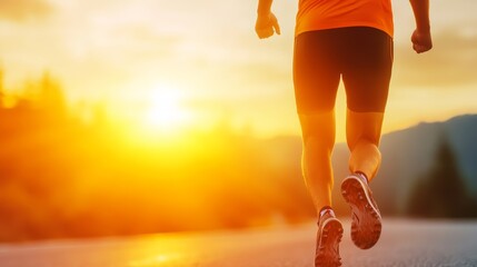 Wall Mural - Runner in orange shirt jogging on a road at sunset with vibrant color and soft clouds