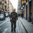 © Zachary - Man with a cane on city street. Concept of old age, diseases of the spine or joint disease