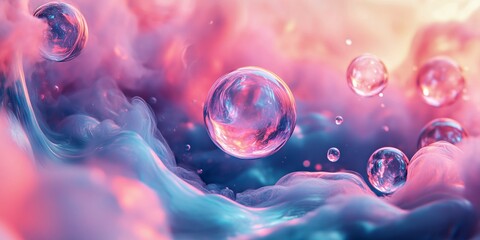 Wall Mural - surreal scene with reflective glass-like bubbles suspended in an ethereal fluid atmosphere