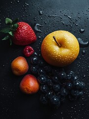 Aufkleber - Fresh fruits arranged on a dark surface with water droplets for a vibrant and inviting display. Generative AI