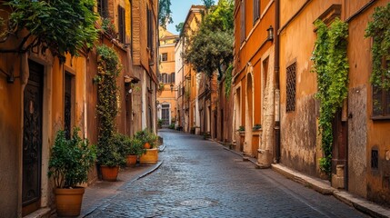  Charming old street in Rome with beautiful architecture, capturing the essence of the city. Perfect for a picturesque postcard.
