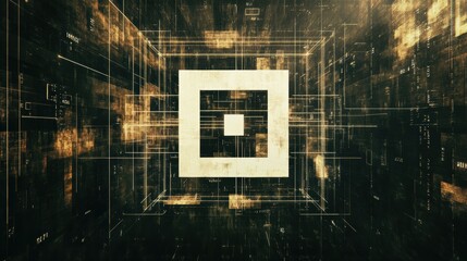 Aufkleber - Centered white computer icon over abstract digital backdrop showcasing technology and data processing with room for text placement