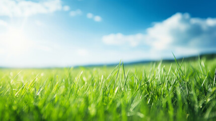 Canvas Print - abstract blurred spring background. bright fresh green grass under sunny sky, springtime meadow, vib
