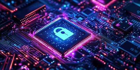 Wall Mural - abstract close-up of a glowing microchip with a padlock symbol representing cybersecurity and digita