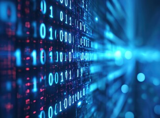 Wall Mural - abstract digital data stream with binary code in blue and red colors for technology and cybersecurit