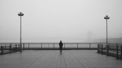 Wall Mural - solitary figure standing on foggy waterfront promenade.