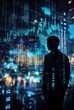 © ANUAR - Abstract representation of a business professional observing market trends through graphical data analysis in a futuristic urban environment