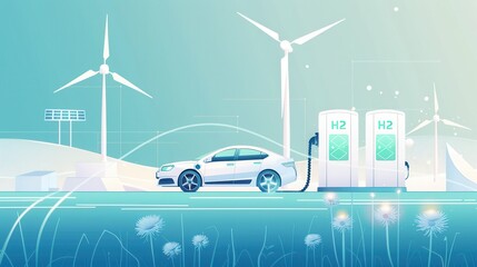 Poster - Concept illustration of green hydrogen fueling station powered by renewable energy from wind and solar resources